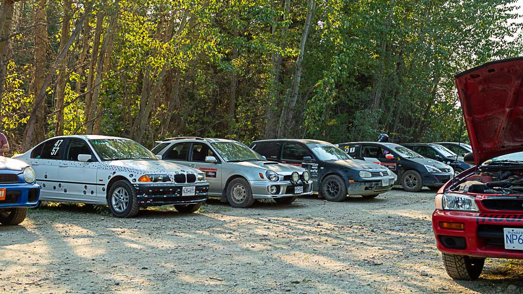 Parked rally cars